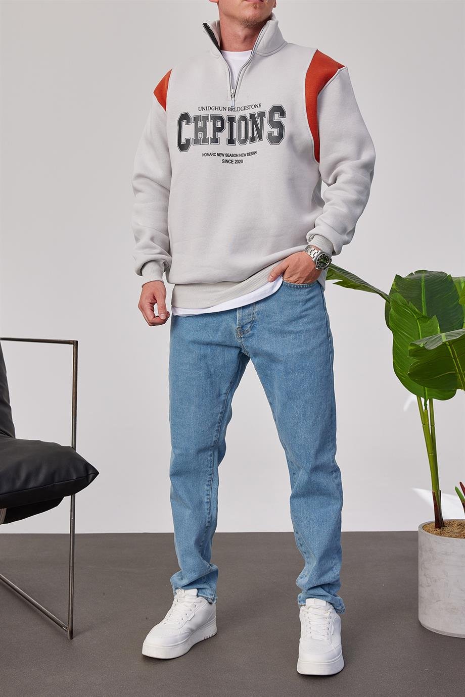 Chpions Yakası Fermuarlı Gri Sweatshirt
