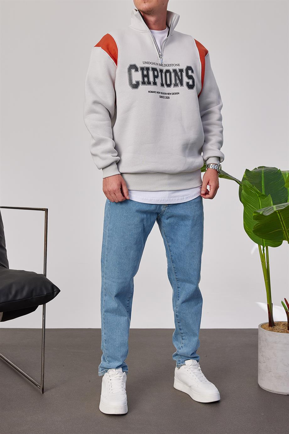 Chpions Yakası Fermuarlı Gri Sweatshirt