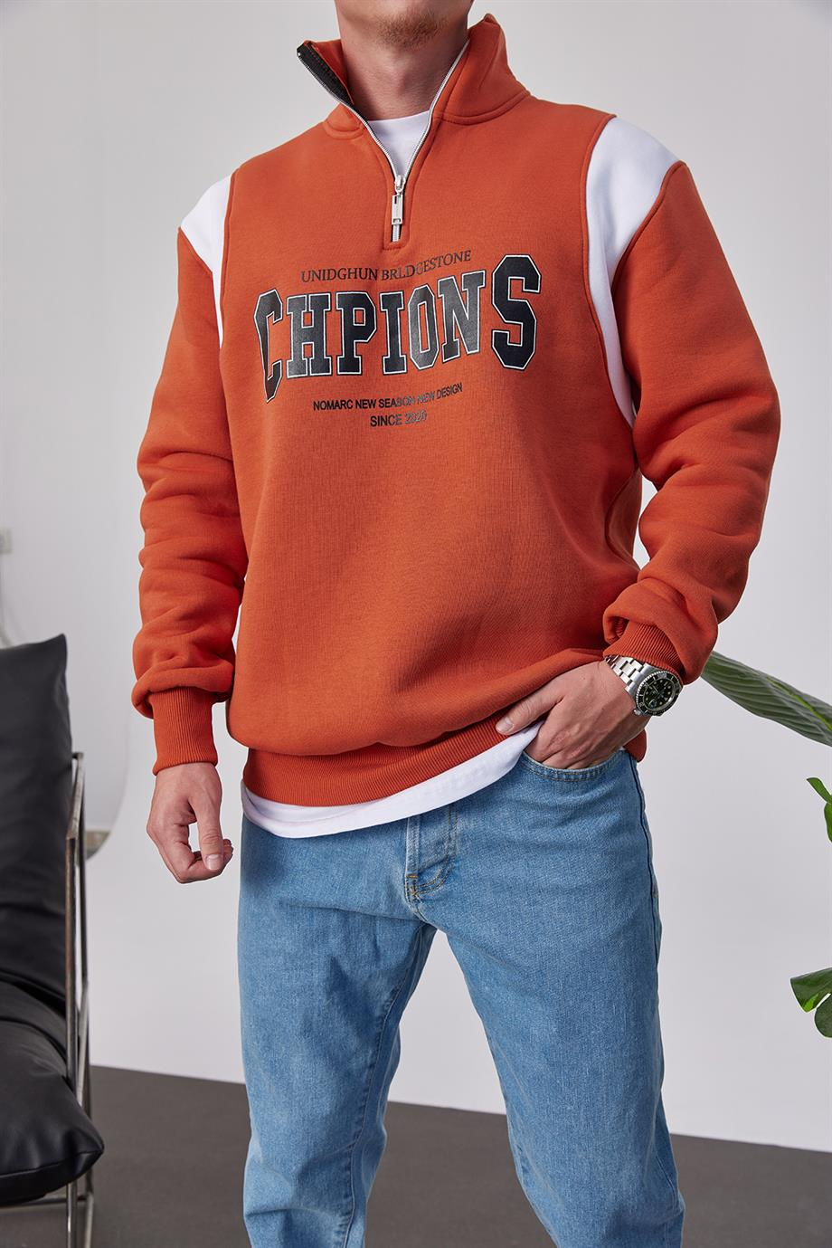 Chpions Yakası Fermuarlı Kiremit Sweatshirt