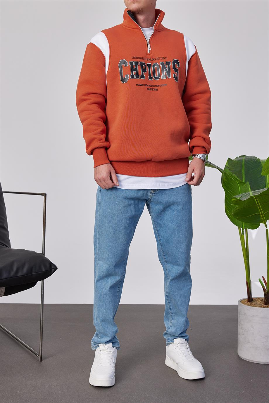 Chpions Yakası Fermuarlı Kiremit Sweatshirt