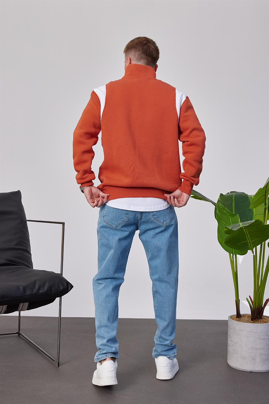 Chpions Yakası Fermuarlı Kiremit Sweatshirt