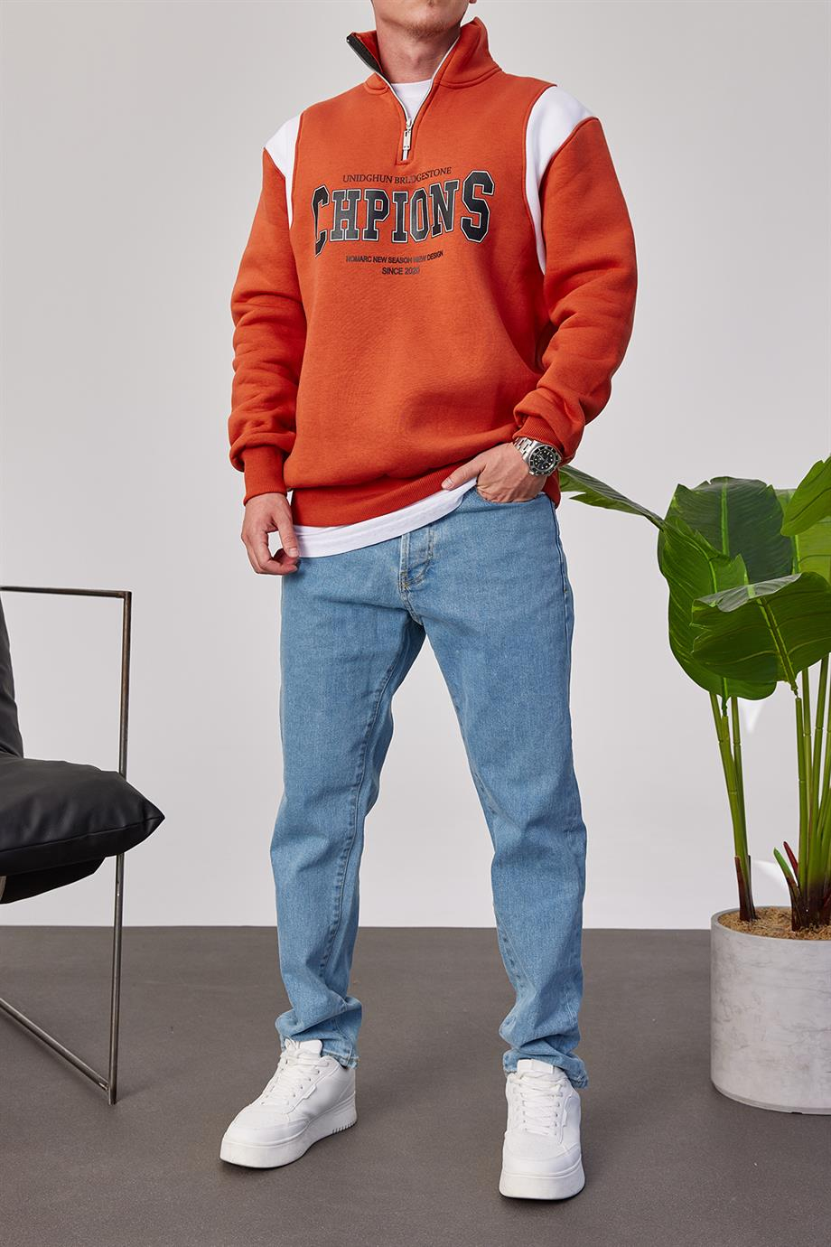 Chpions Yakası Fermuarlı Kiremit Sweatshirt