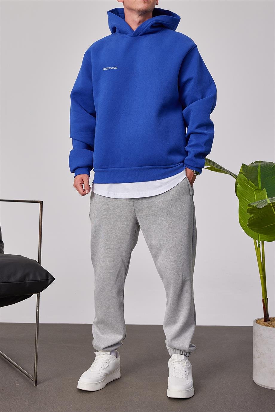 Cth Basic Mavi Kapüşonlu Sweatshirt