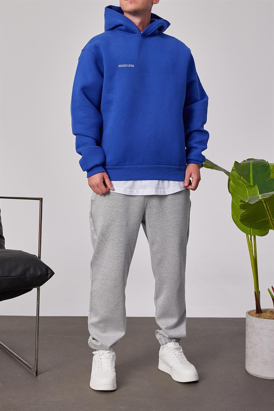 Cth Basic Mavi Kapüşonlu Sweatshirt