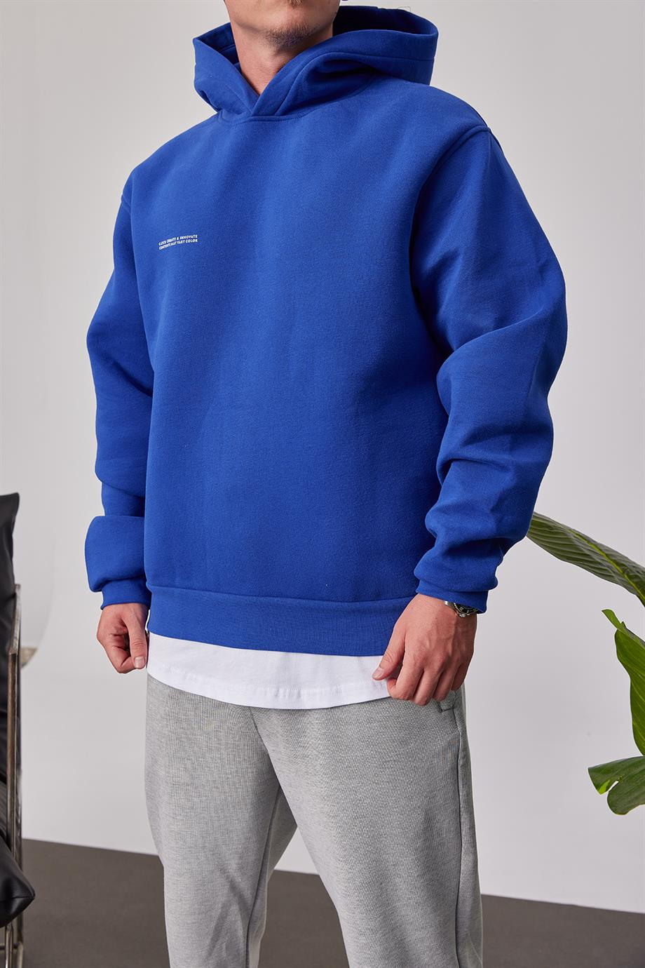 Cth Basic Mavi Kapüşonlu Sweatshirt