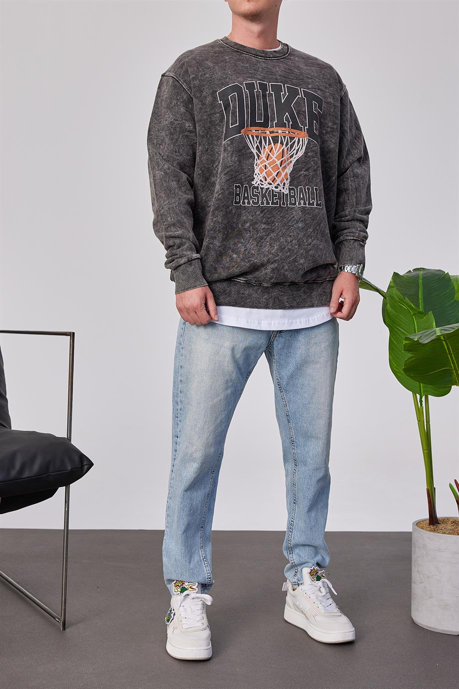 Duke Pota Baskılı Yıkamalı Füme Sweatshirt
