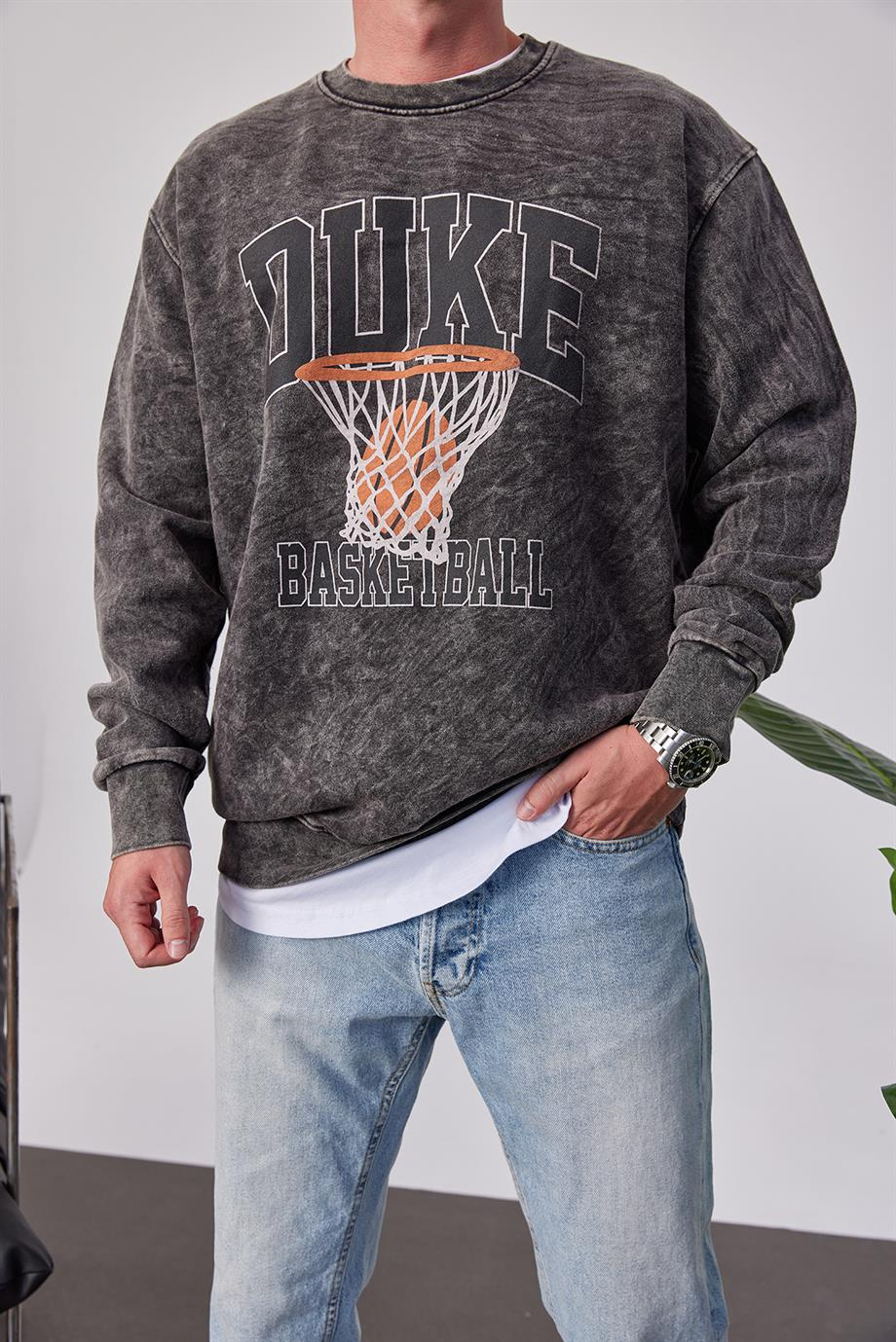 Duke Pota Baskılı Yıkamalı Füme Sweatshirt