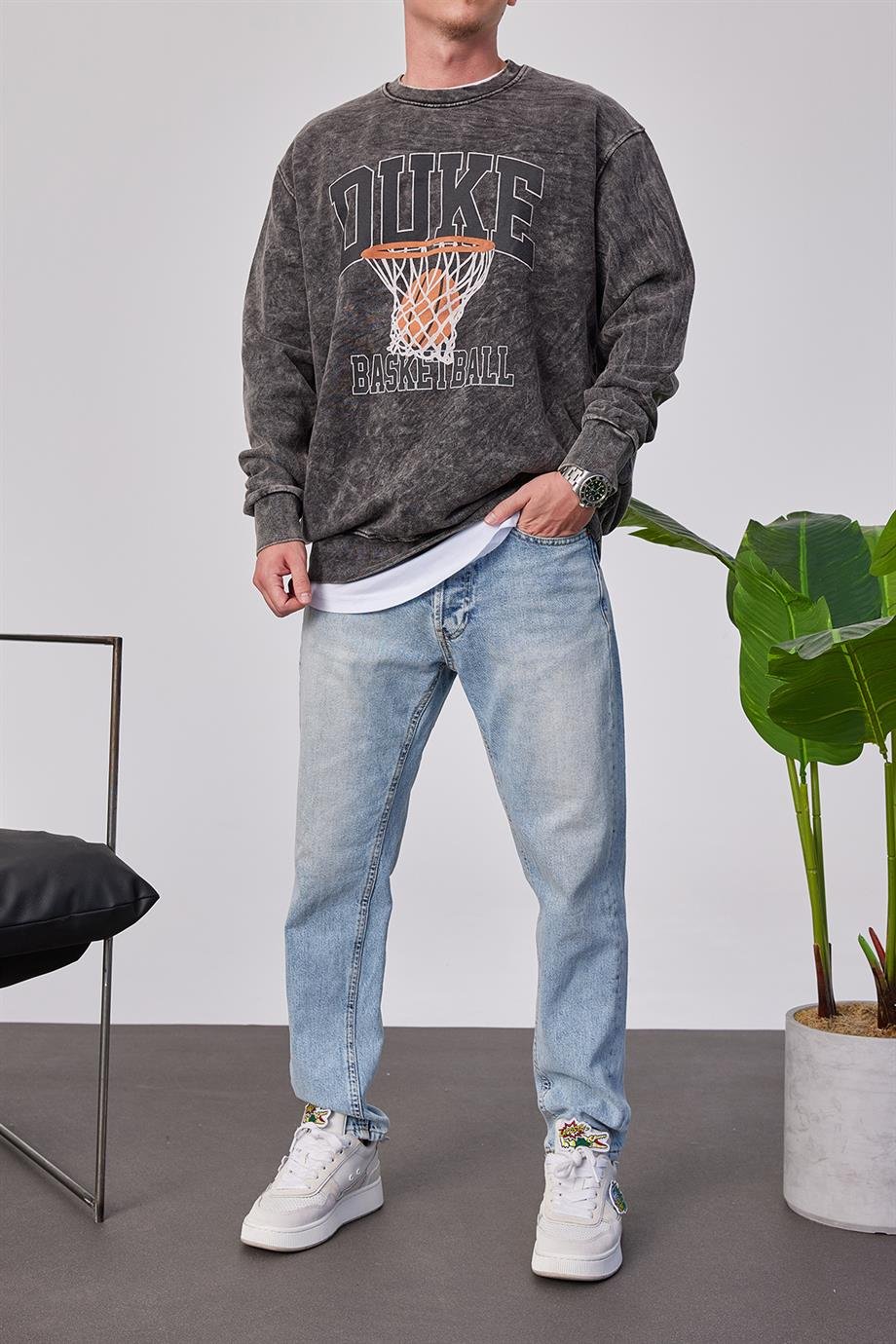 Duke Pota Baskılı Yıkamalı Füme Sweatshirt