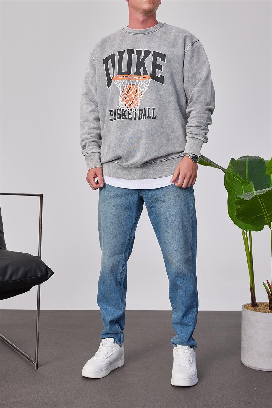 Duke Pota Baskılı Yıkamalı Gri Sweatshirt