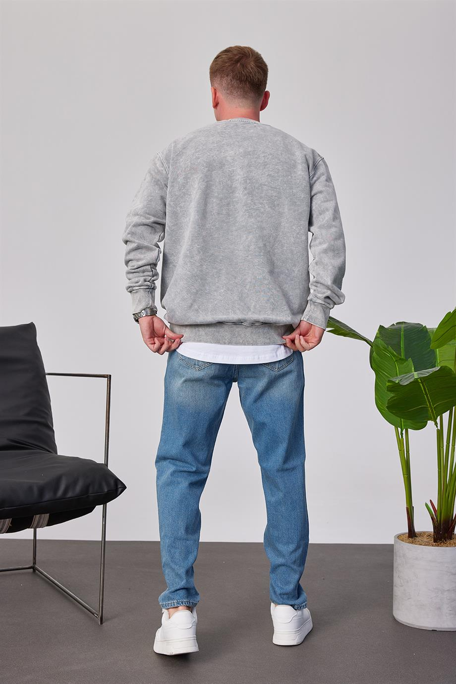 Duke Pota Baskılı Yıkamalı Gri Sweatshirt