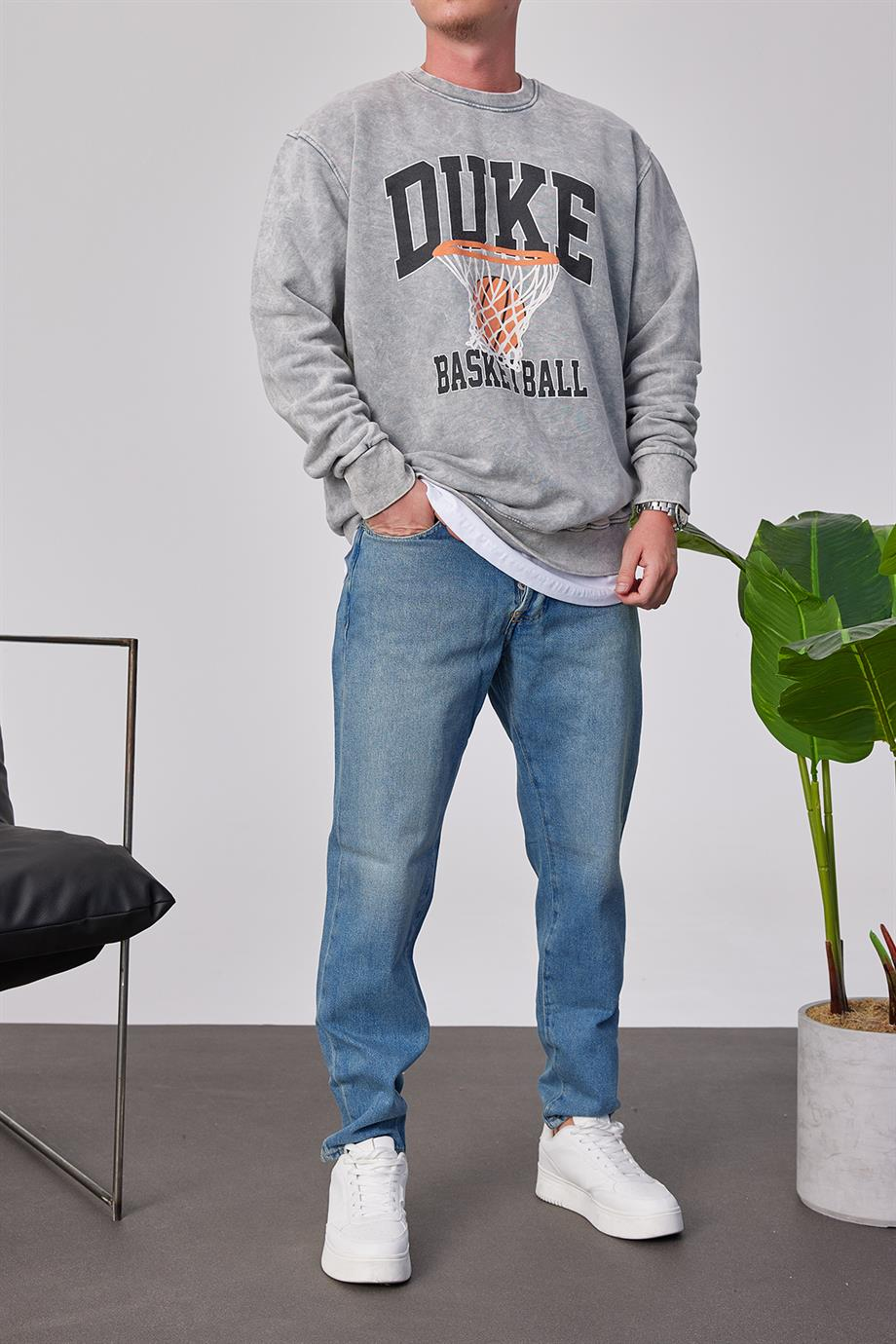 Duke Pota Baskılı Yıkamalı Gri Sweatshirt