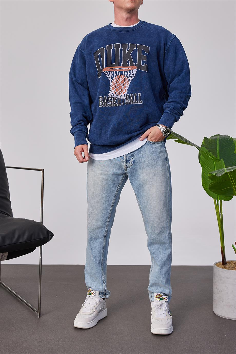 Duke Pota Baskılı Yıkamalı Lacivert Sweatshirt