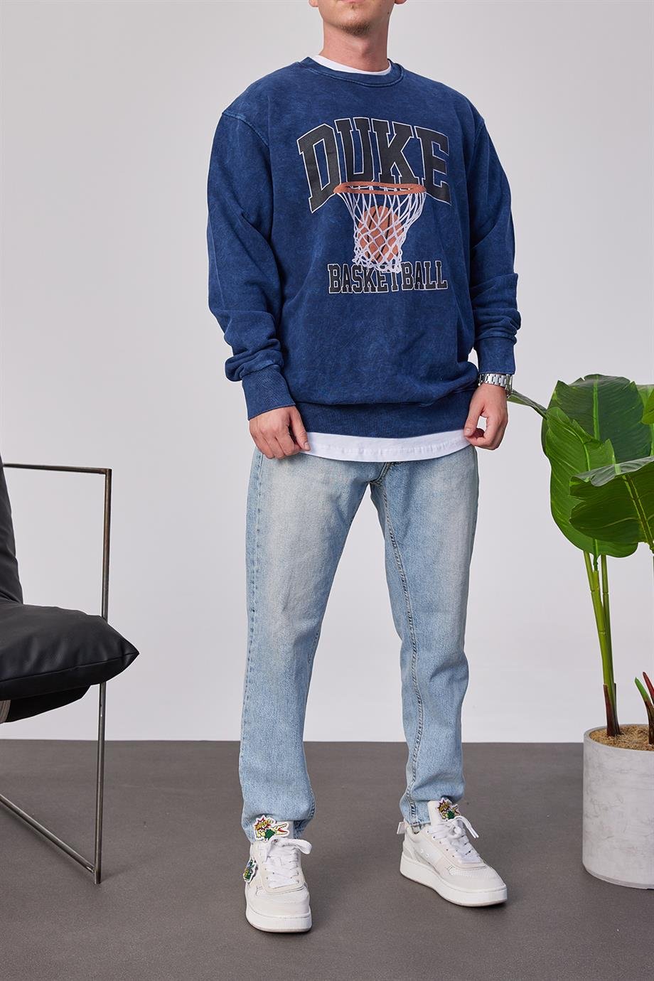 Duke Pota Baskılı Yıkamalı Lacivert Sweatshirt