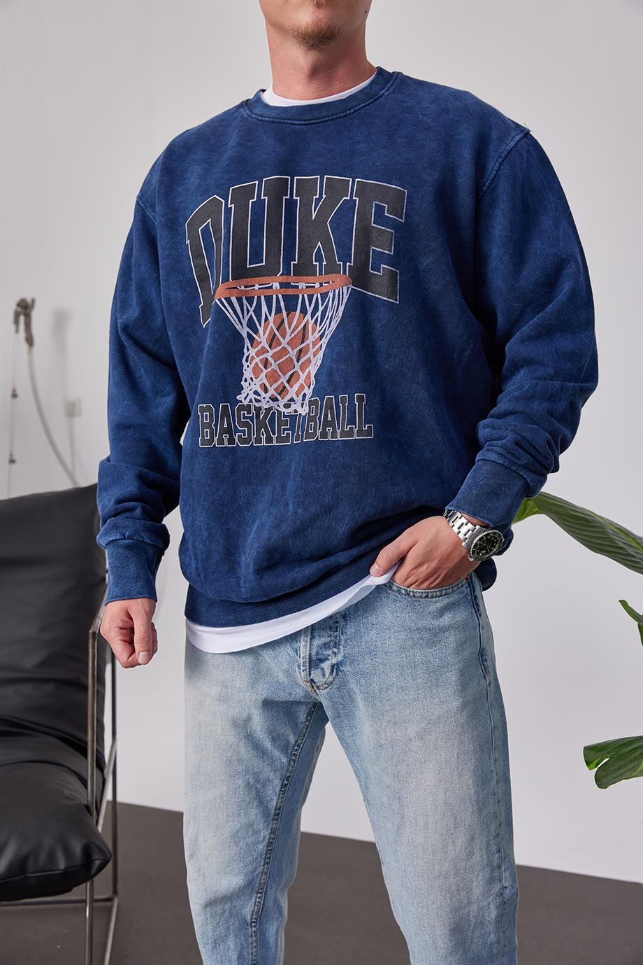 Duke Pota Baskılı Yıkamalı Lacivert Sweatshirt