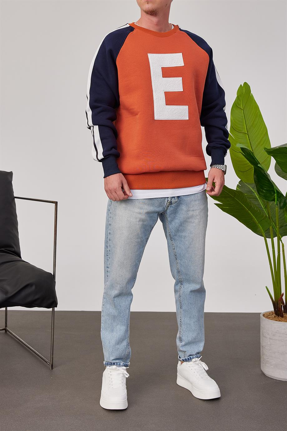 E Harf Baskılı Kiremit Sweatshirt