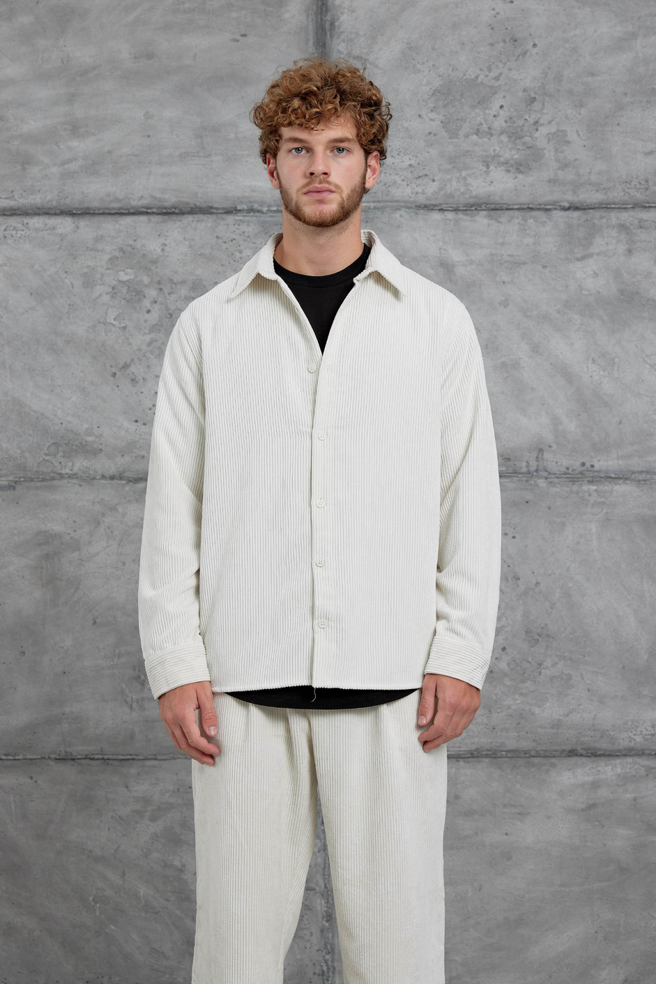 Ekru Beyaz 251 Kadife Oversize Gömlek ve Pantalon Takım