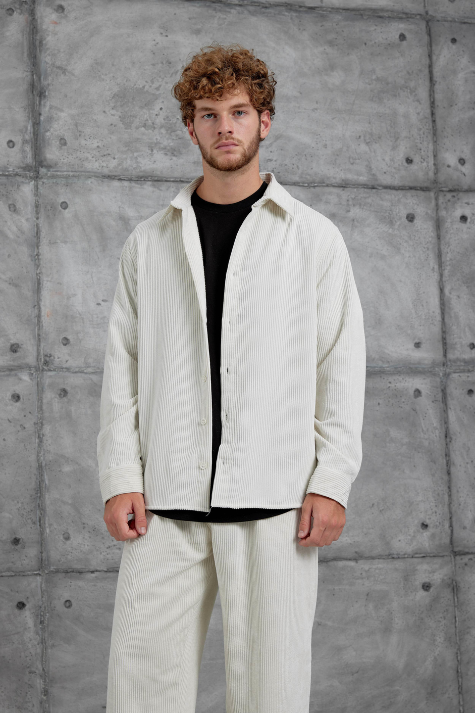 Ekru Beyaz 251 Kadife Oversize Gömlek ve Pantalon Takım