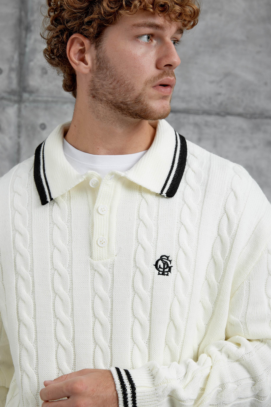 Ekru Beyaz Gst Polo Yaka Örme Oversize Triko