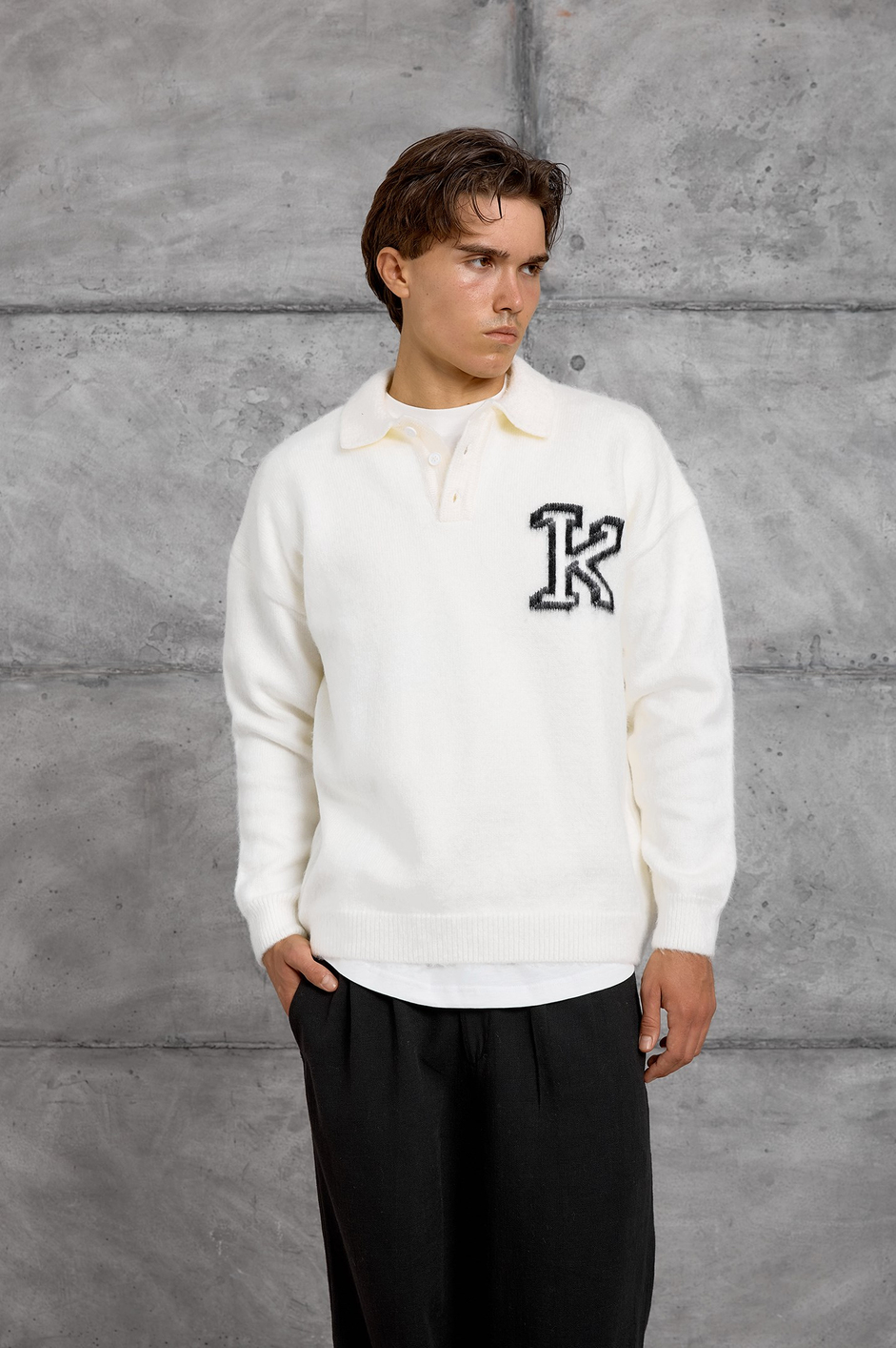 Ekru Beyaz POLO YAKA K HARF TRİKO SWEAT