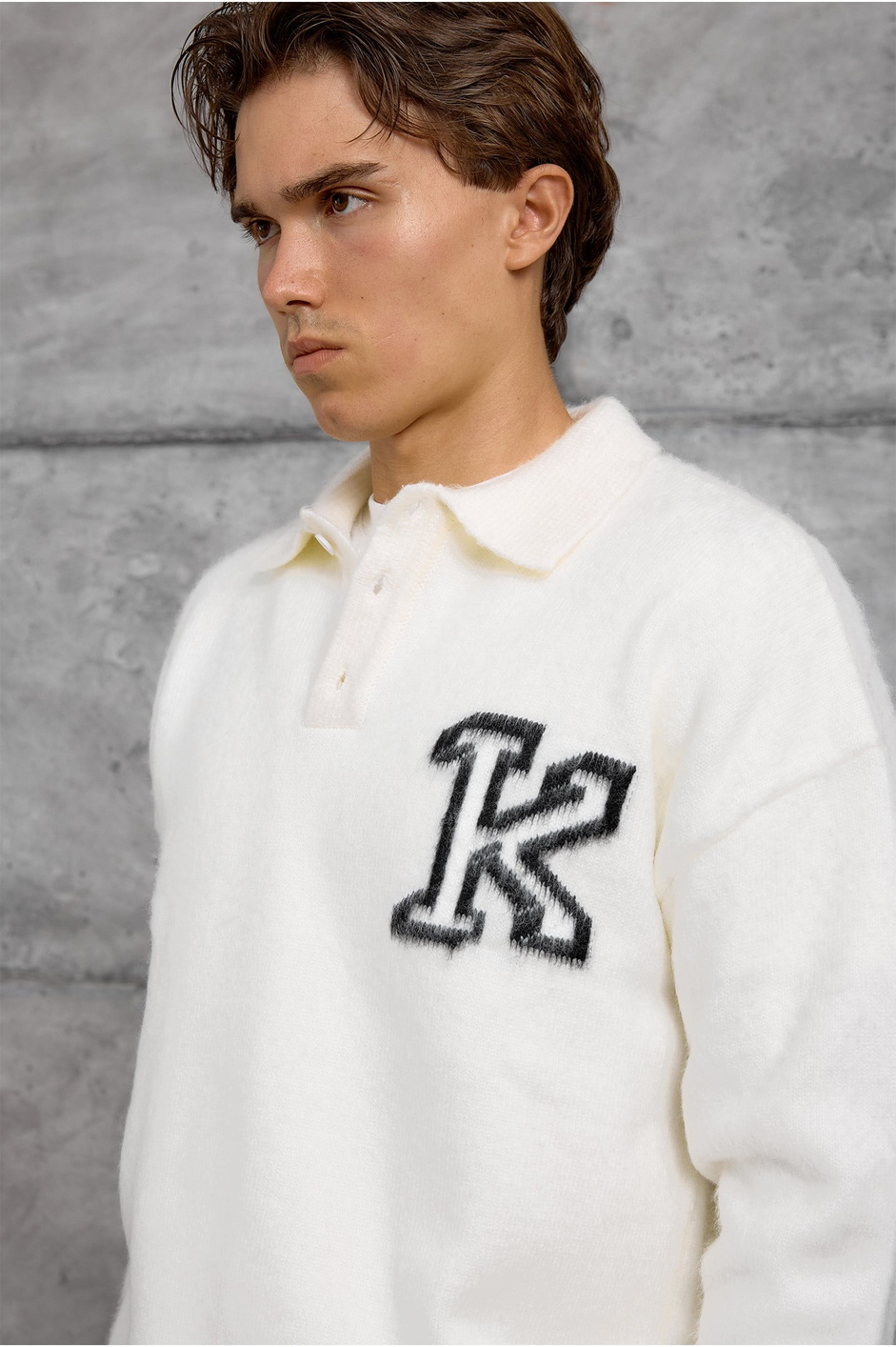Ekru Beyaz POLO YAKA K HARF TRİKO SWEAT