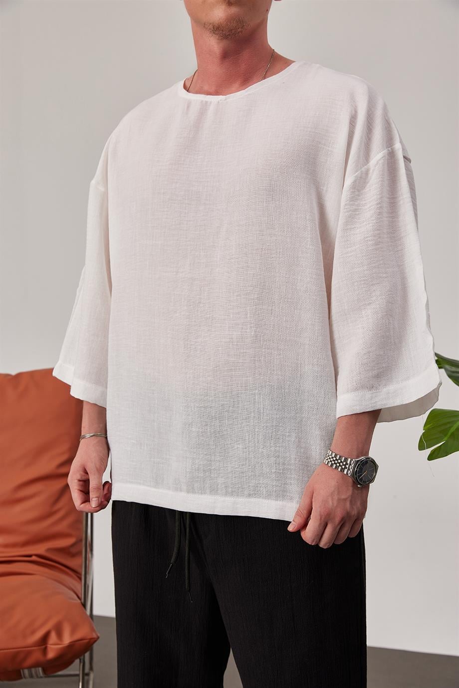 Fakir Kol Beyaz Keten Tshirt