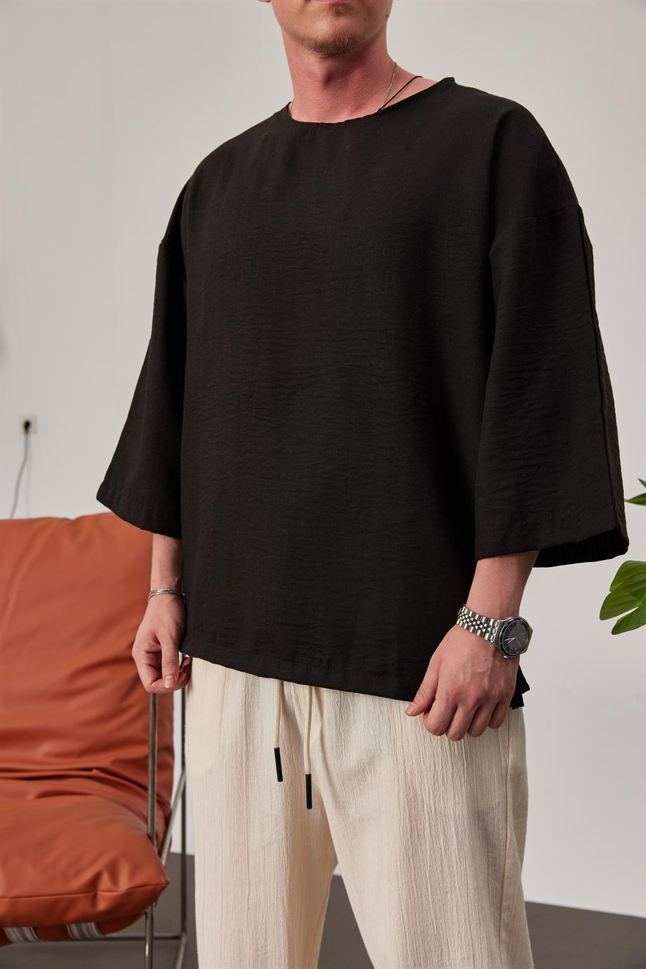 Fakir Kol Siyah Keten Tshirt