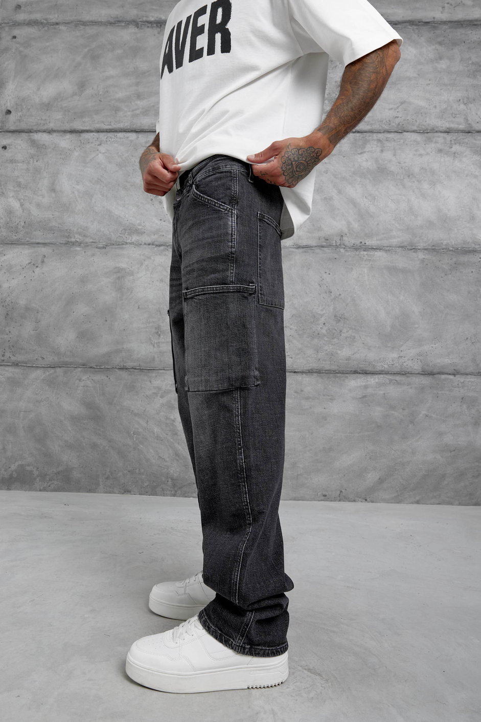Füme Cth Kargo Cepli Taşlamalı Baggy Jean
