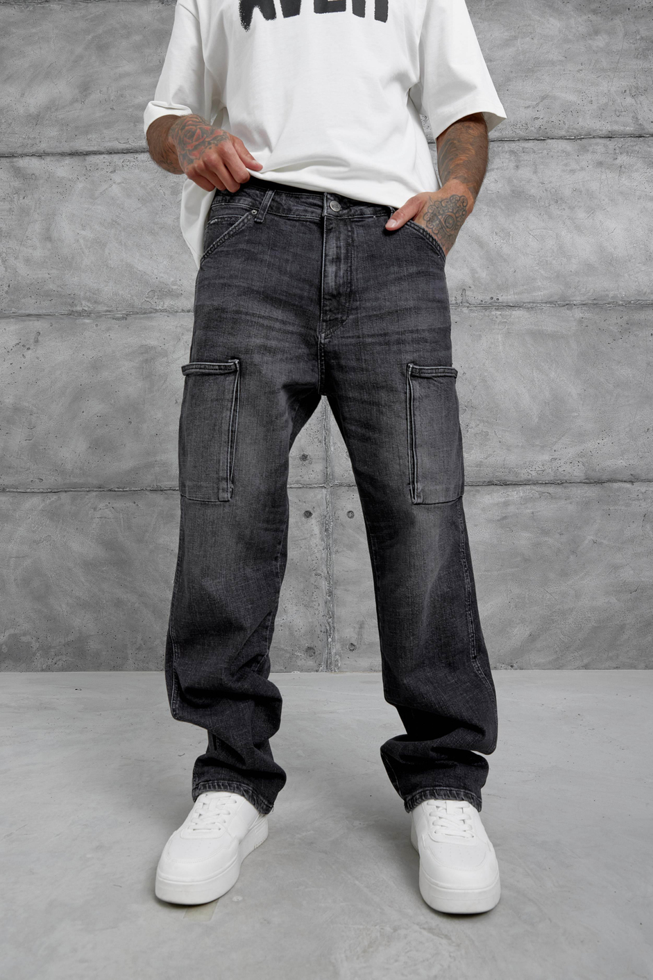 Füme Cth Kargo Cepli Taşlamalı Baggy Jean