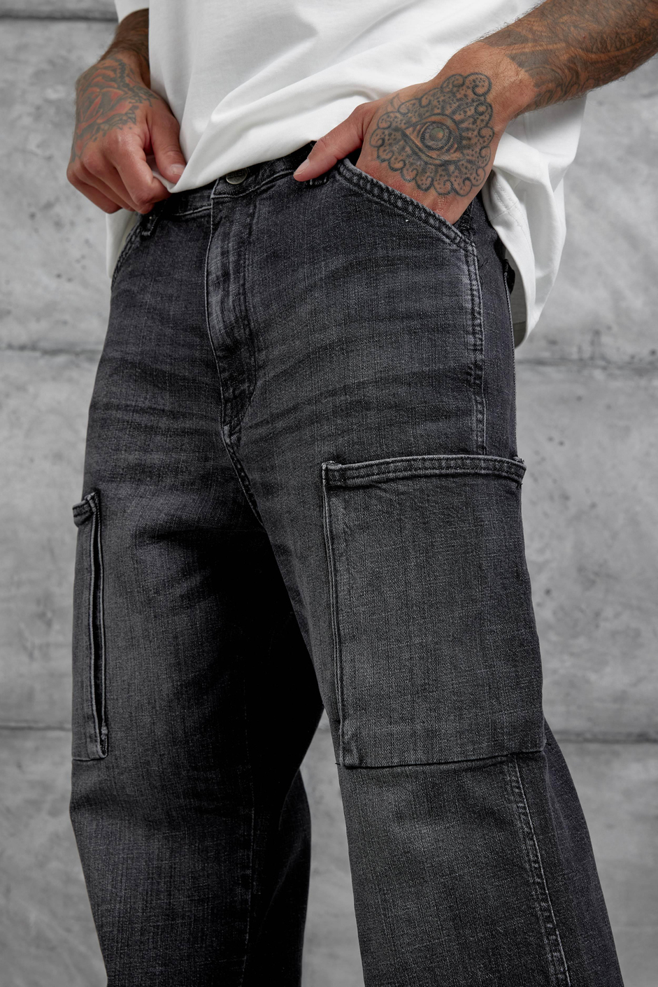 Füme Cth Kargo Cepli Taşlamalı Baggy Jean
