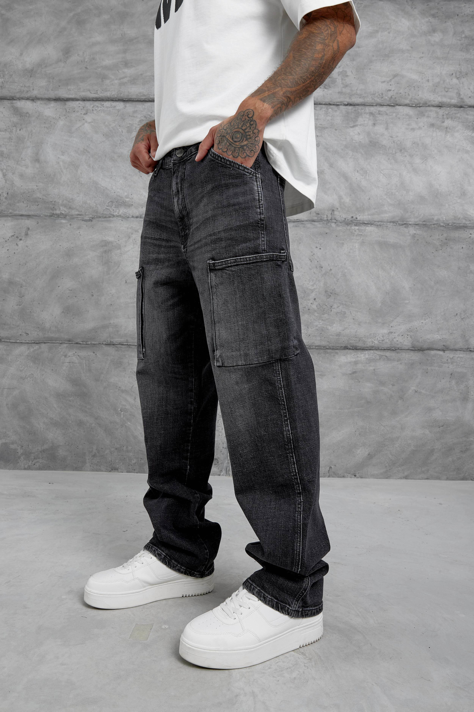 Füme Cth Kargo Cepli Taşlamalı Baggy Jean