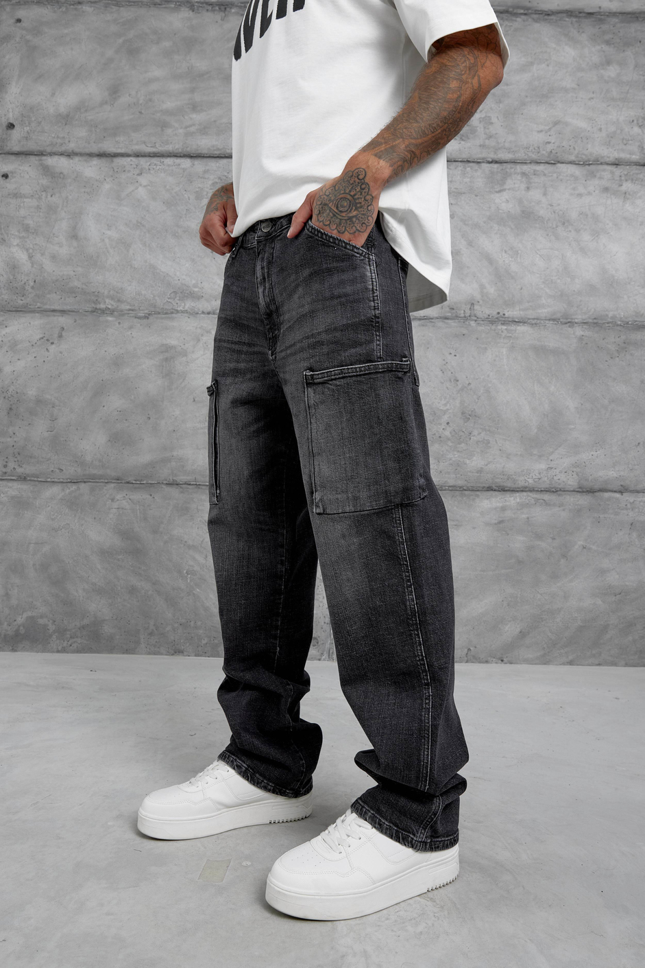 Füme Cth Kargo Cepli Taşlamalı Baggy Jean