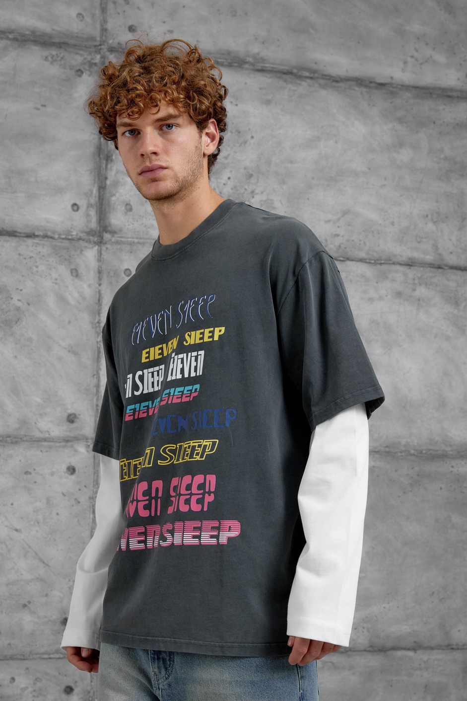 Füme Eleven Sleep Baskılı Parça Kollu Yıkamalı Oversize Sweatshirt