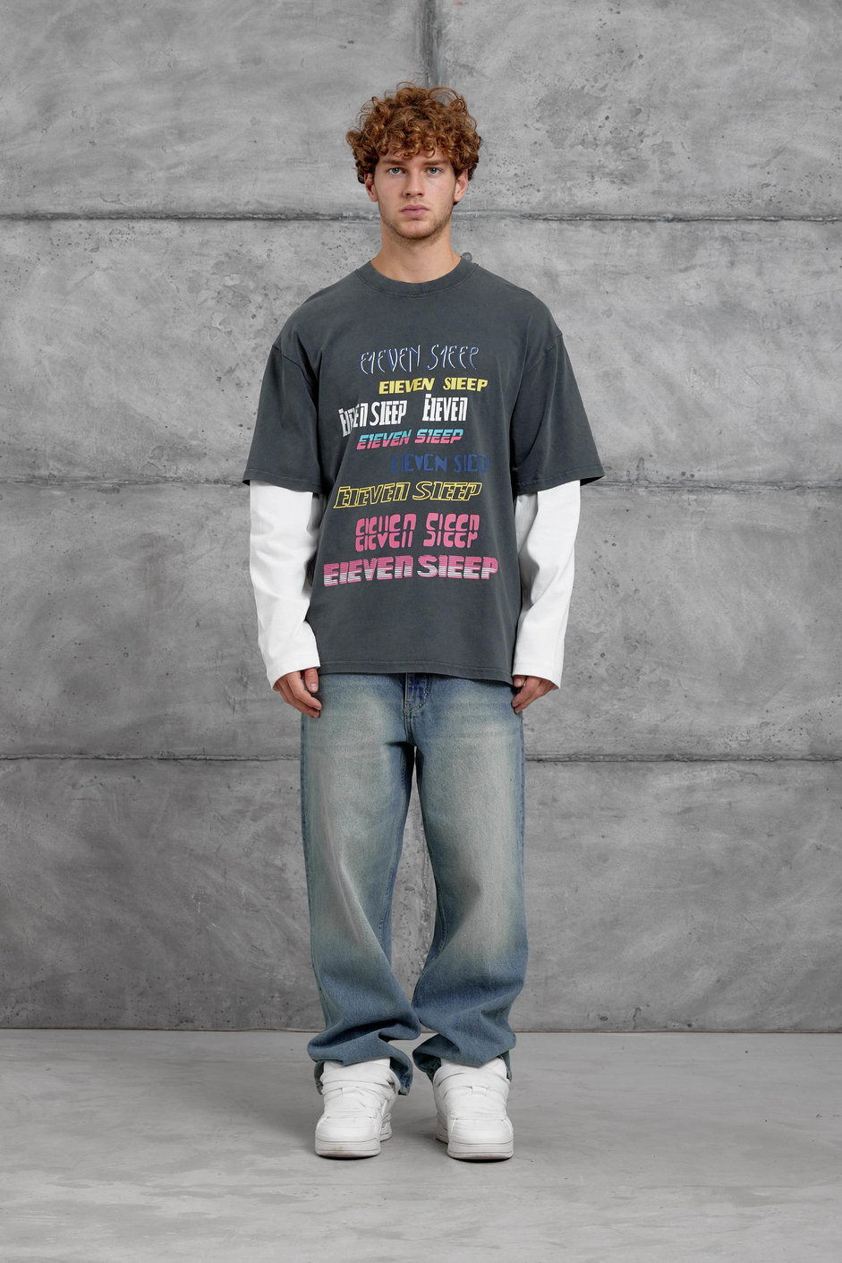 Füme Eleven Sleep Baskılı Parça Kollu Yıkamalı Oversize Sweatshirt