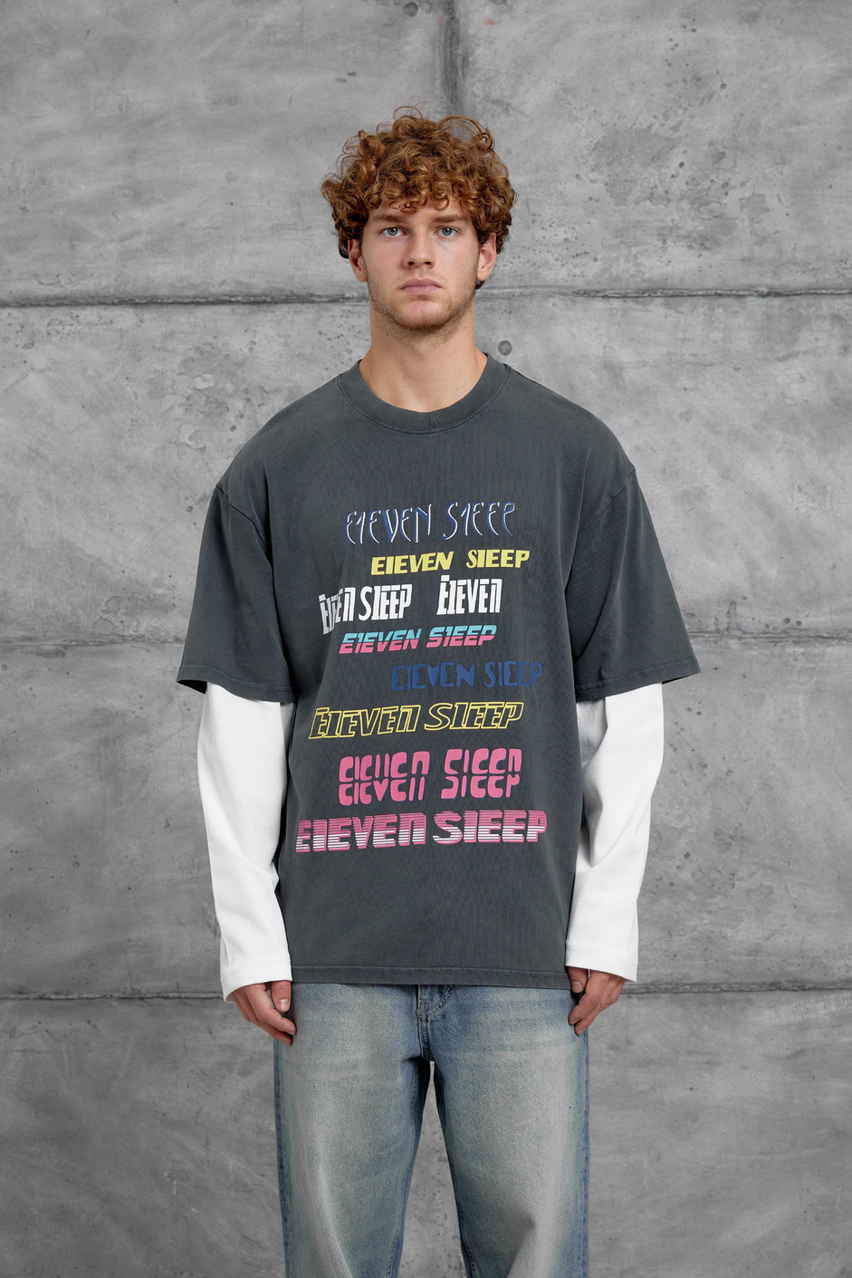 Füme Eleven Sleep Baskılı Parça Kollu Yıkamalı Oversize Sweatshirt