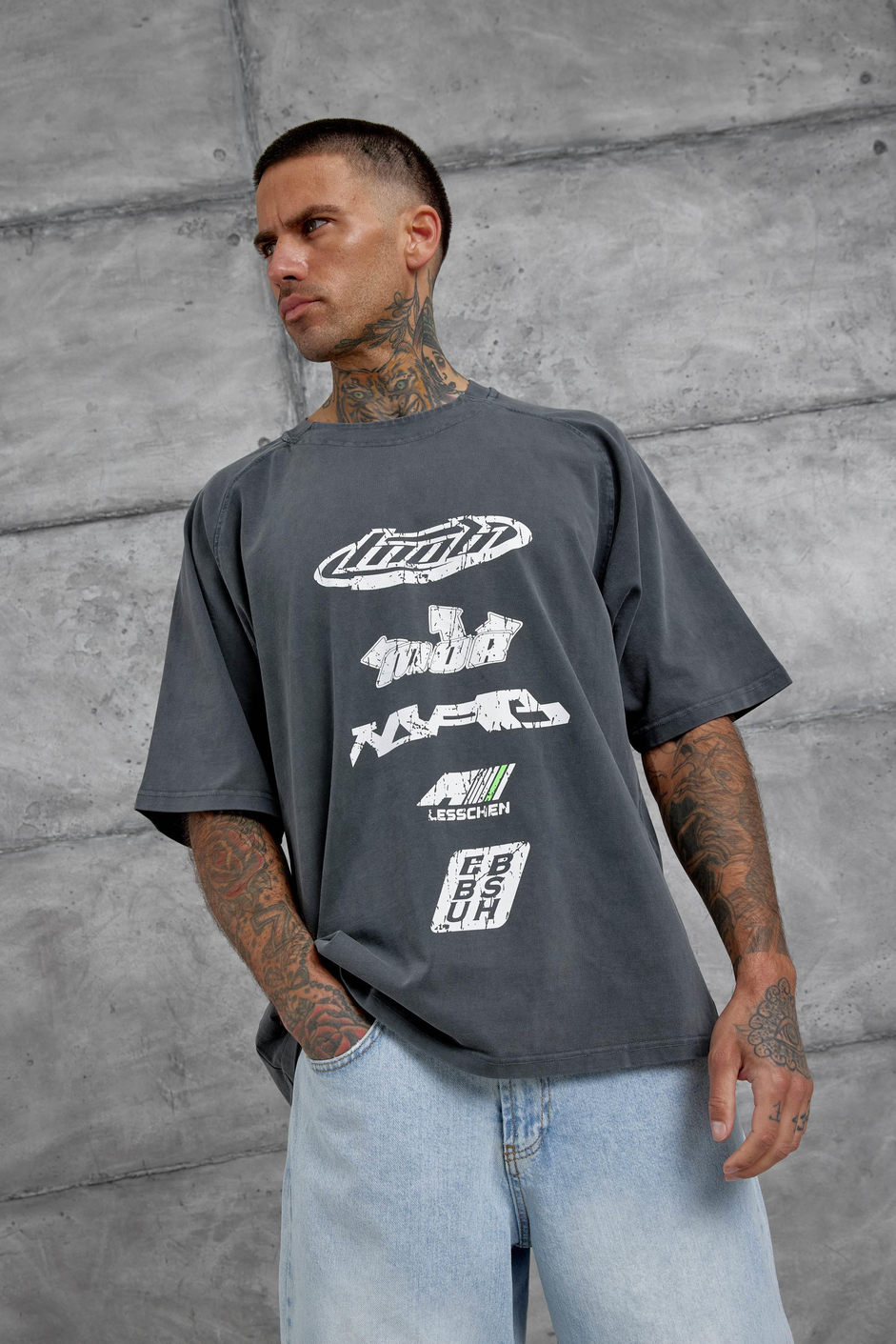 Füme Lesschen Baskılı Yıkamalı Oversize Tshirt