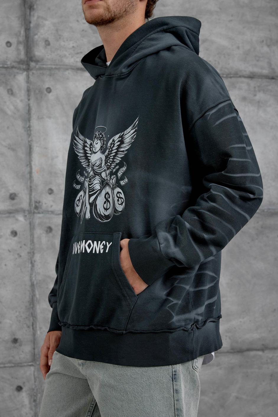 Füme Love Money Baskılı Parça Kollu Oversize Kapüşonlu Sweatshirt