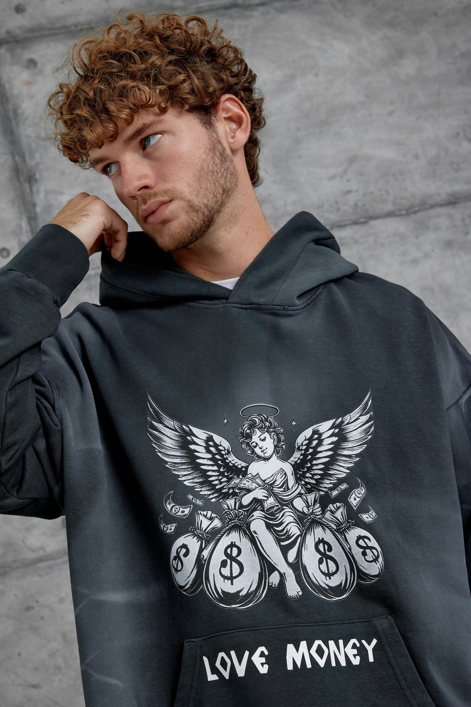 Füme Love Money Baskılı Parça Kollu Oversize Kapüşonlu Sweatshirt