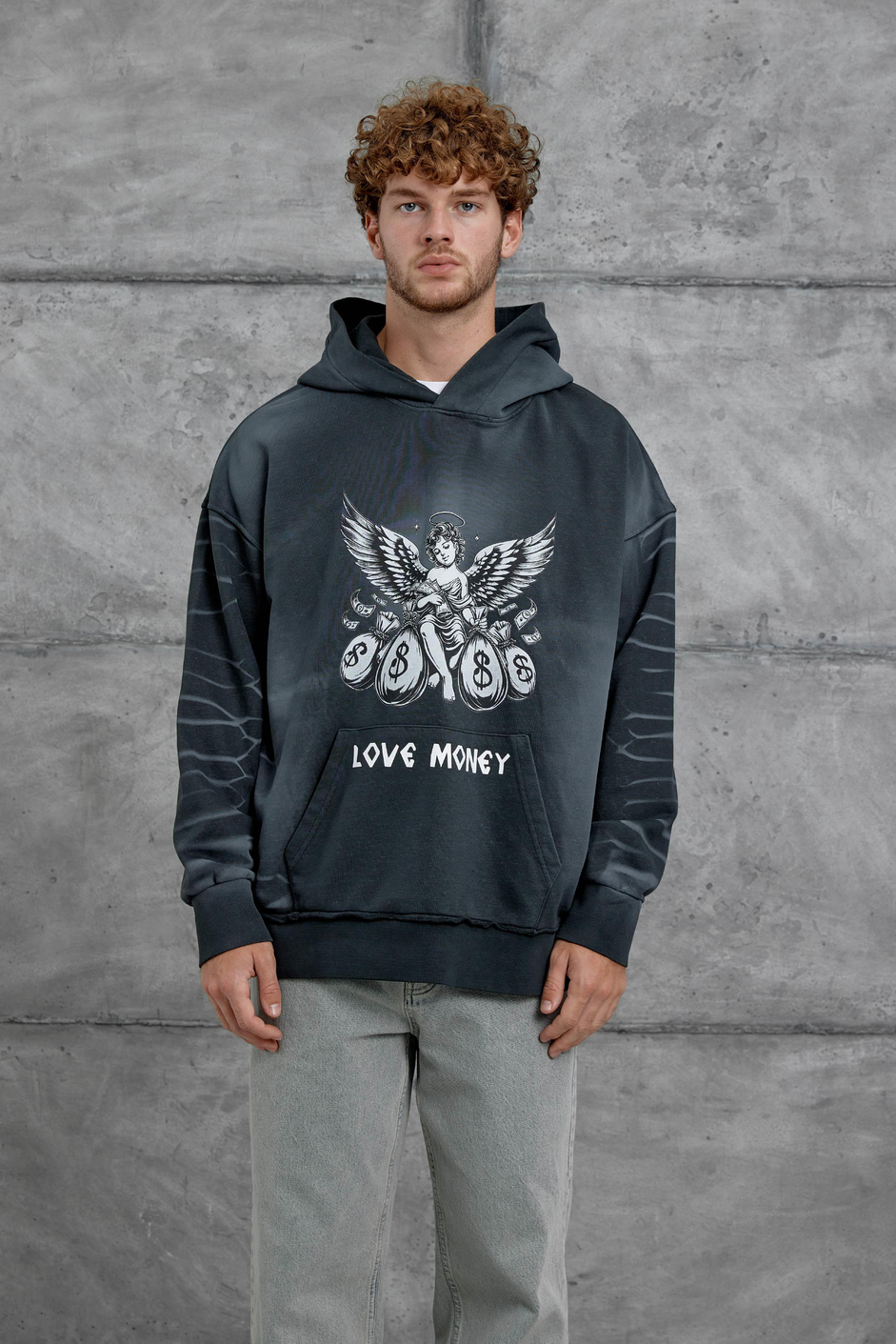 Füme Love Money Baskılı Parça Kollu Oversize Kapüşonlu Sweatshirt