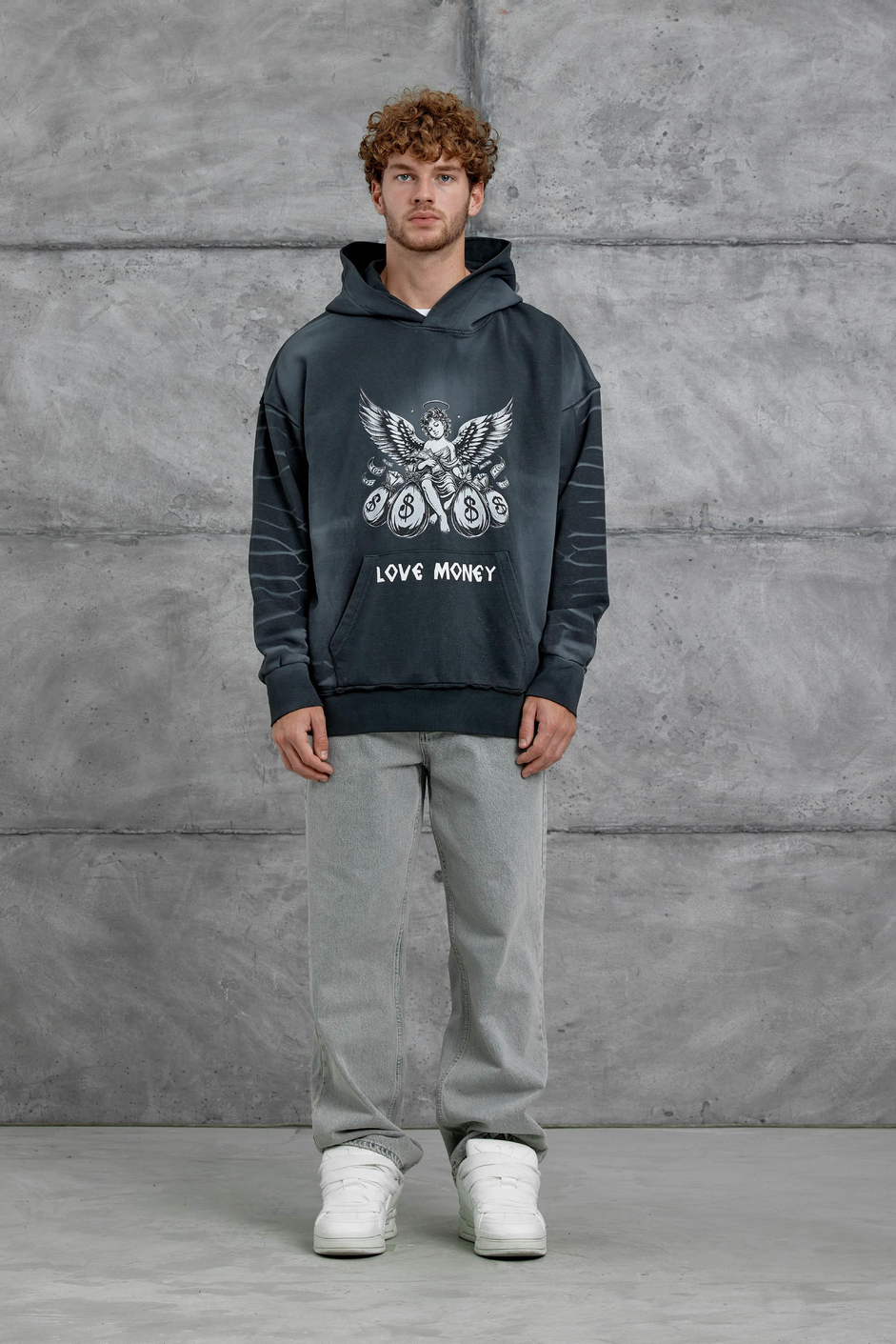 Füme Love Money Baskılı Parça Kollu Oversize Kapüşonlu Sweatshirt