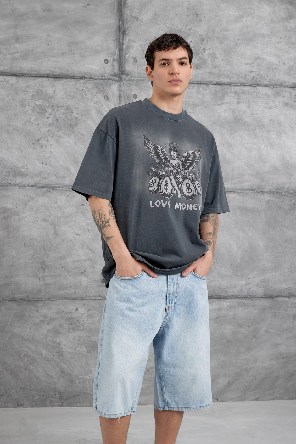 Füme Love Money Yazılı Yıkamalı Oversize Tshirt