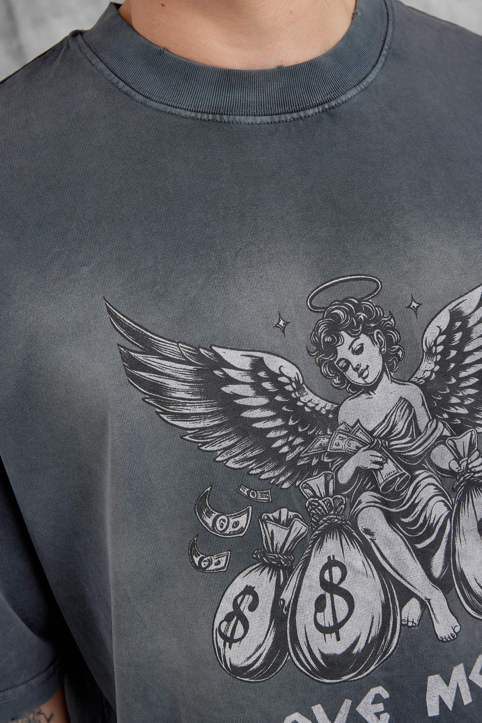Füme Love Money Yazılı Yıkamalı Oversize Tshirt