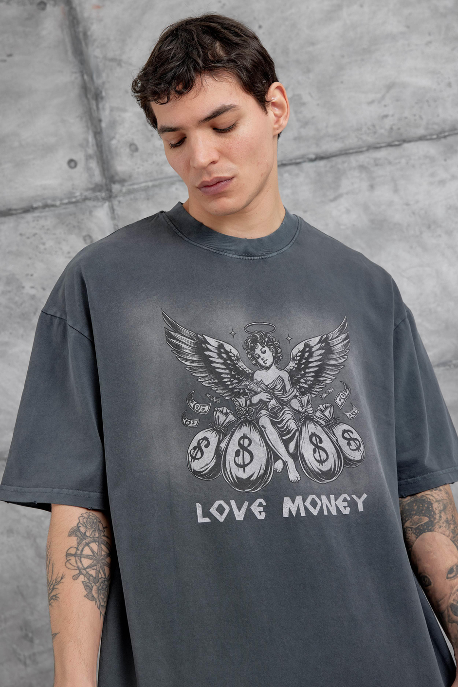 Füme Love Money Yazılı Yıkamalı Oversize Tshirt