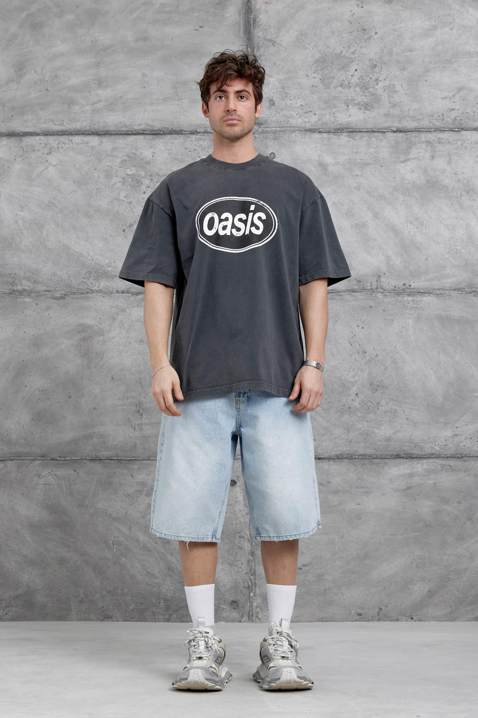 Füme Oasis Yazılı Yıkamalı Oversize Tshirt