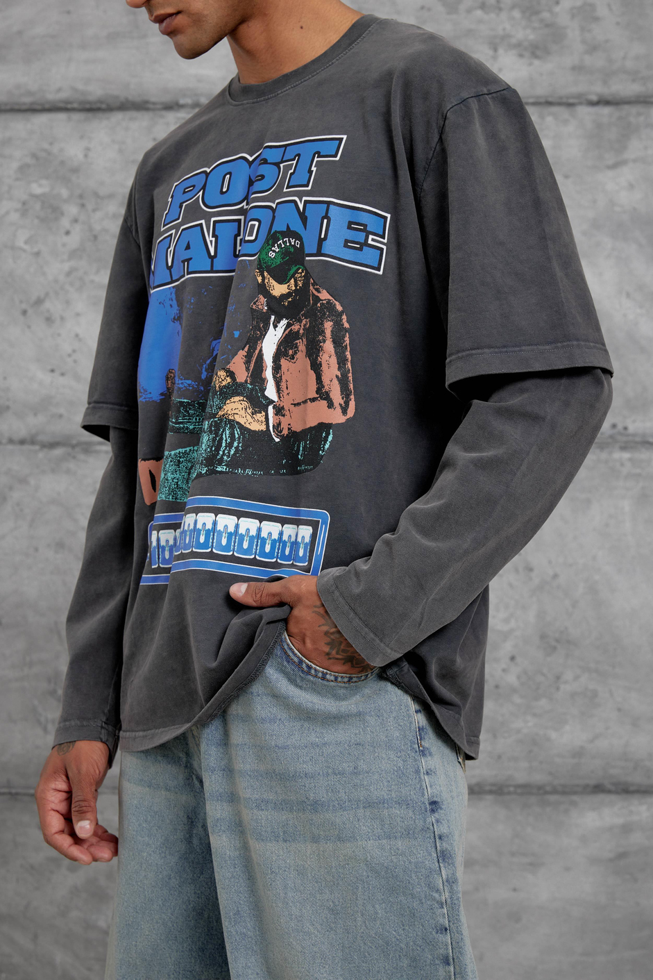 Füme Post Malone Yazılı Yıkamalı Oversize Sweatshirt