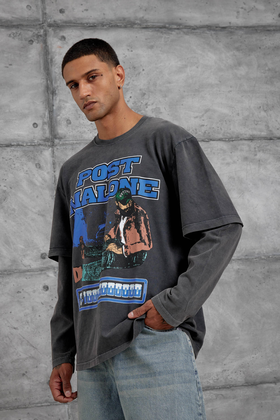 Füme Post Malone Yazılı Yıkamalı Oversize Sweatshirt