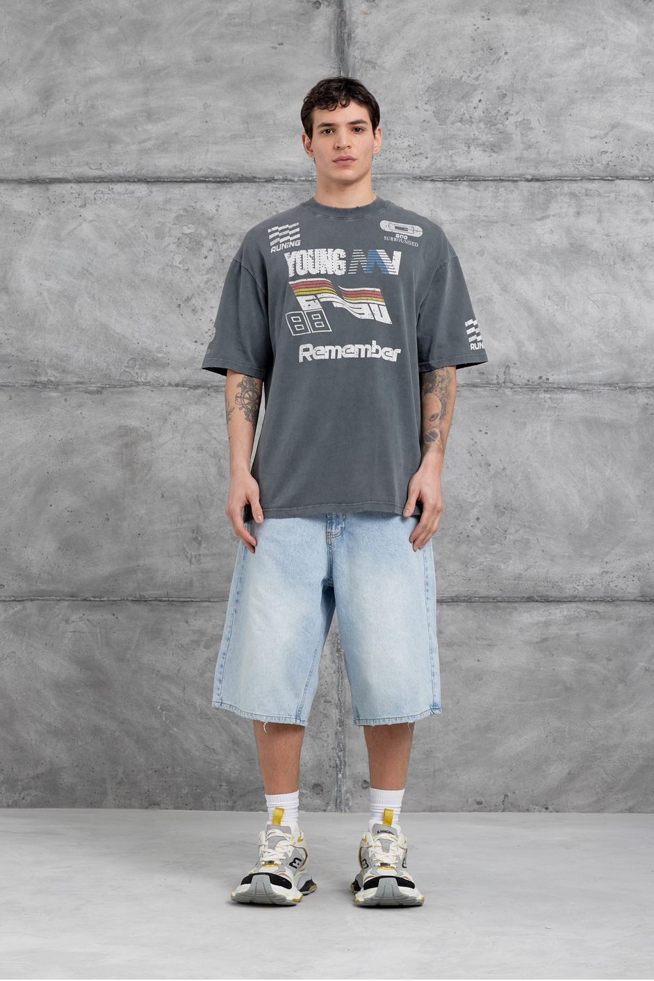 Füme Remember Yazılı Yakımalı Oversize Tshirt