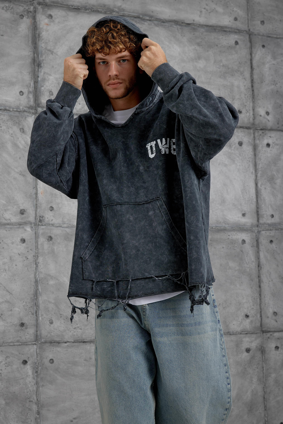 Füme Uv8 Baskılı Yıkamalı Oversize Kapüşonlu Sweatshirt