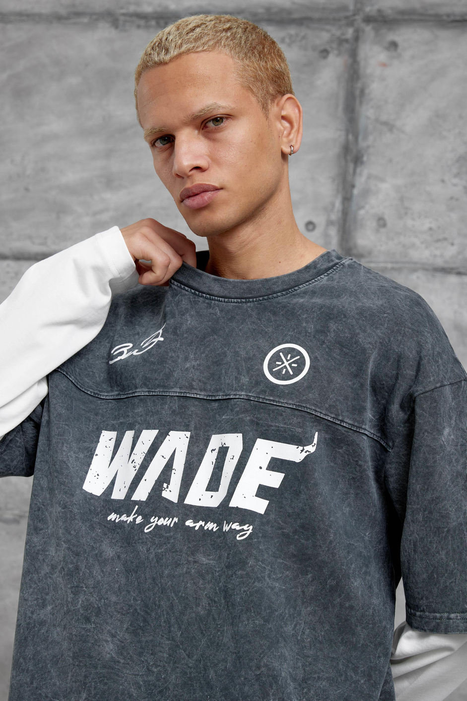 Füme Wade Baskılı Yıkamalı Parça Kollu Oversize Sweatshirt