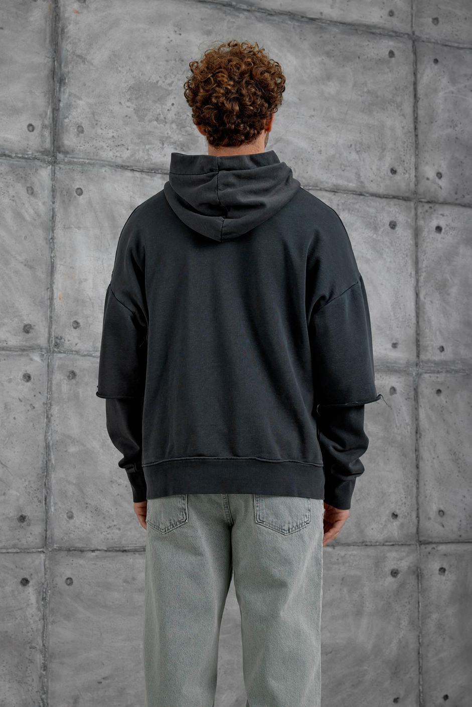 Füme Yazı Detaylı Parça Kollu Yıkamalı Oversize Kapüşonlu Sweatshirt