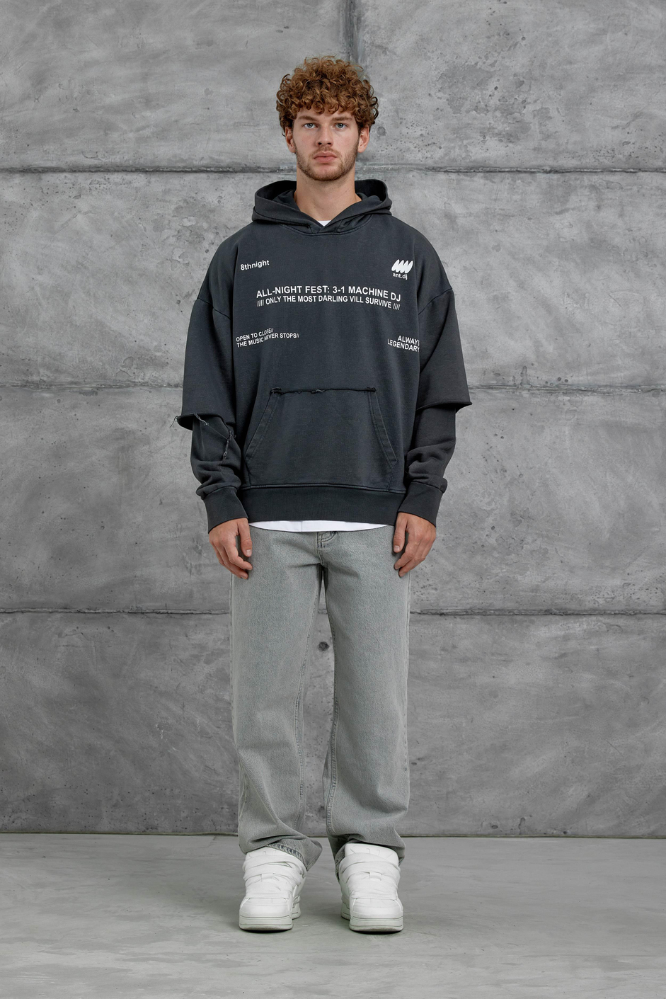 Füme Yazı Detaylı Parça Kollu Yıkamalı Oversize Kapüşonlu Sweatshirt